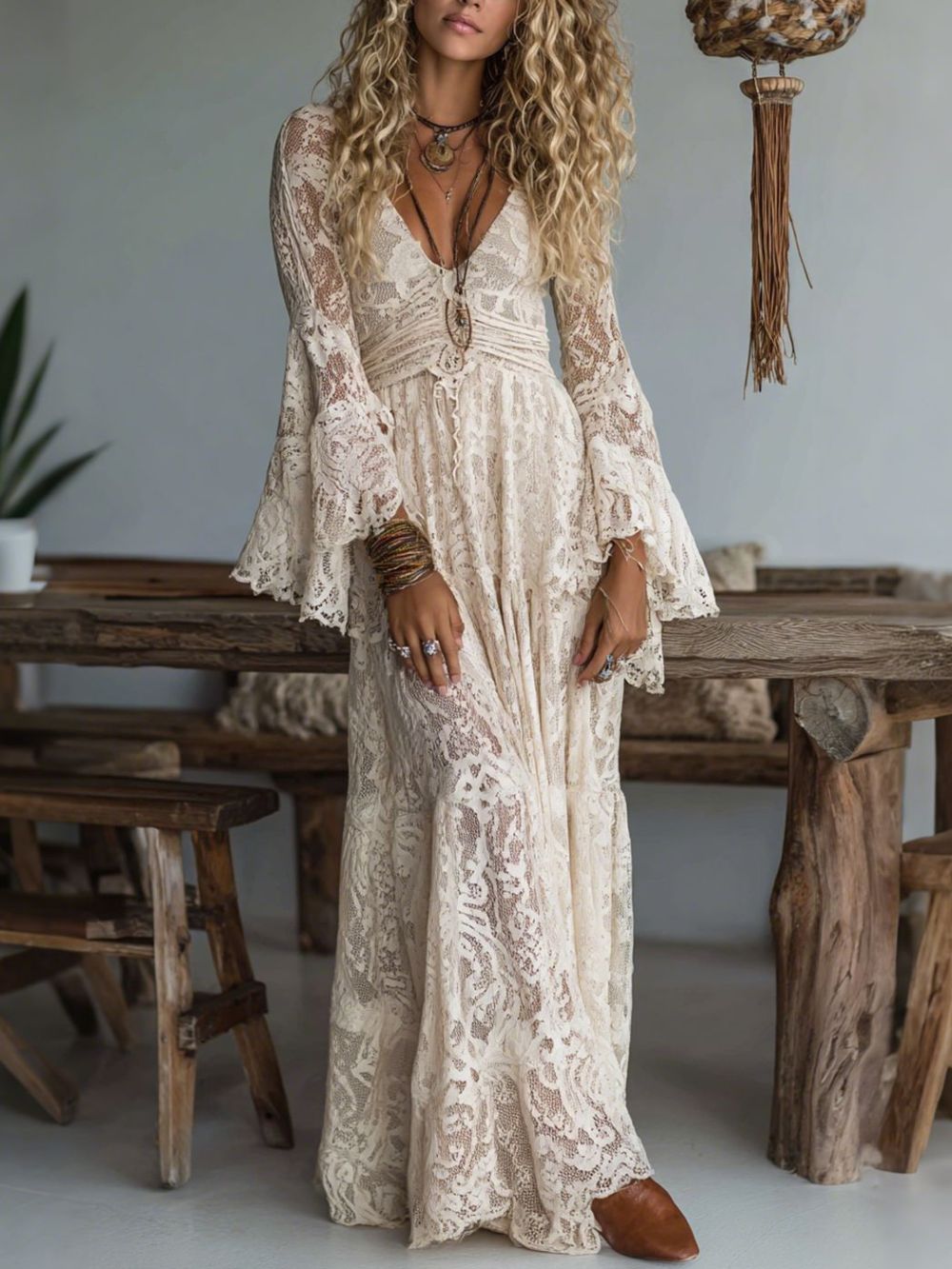 V-Neck High Waist Lace Flared Long Sleeve Dress Flowering Girl