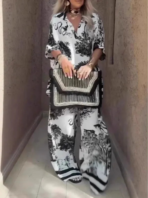 Casual V-Neck Printed Short-Sleeved Top And Wide-Leg Pants Set Flowering Girl