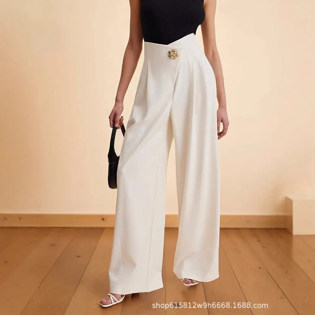 High Waist Wrap Front Gold Ornate Button Wide Leg Trousers Flowering Girl