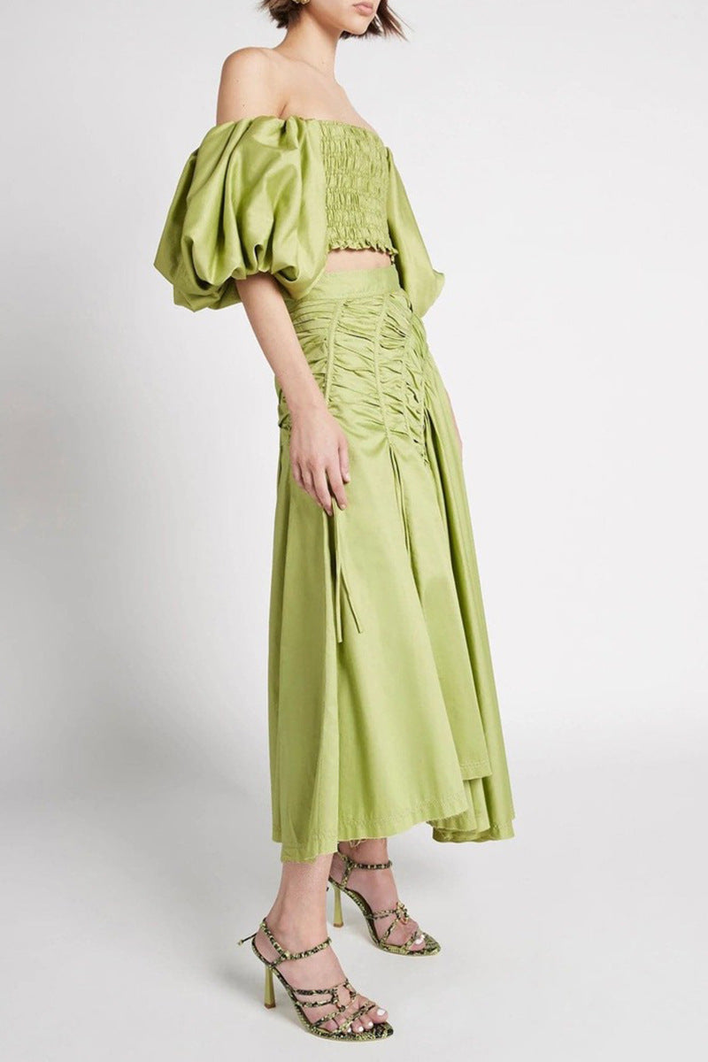 Giselle Drawstring Off-Shoulder Midi Skirt - Green Flowering Girl