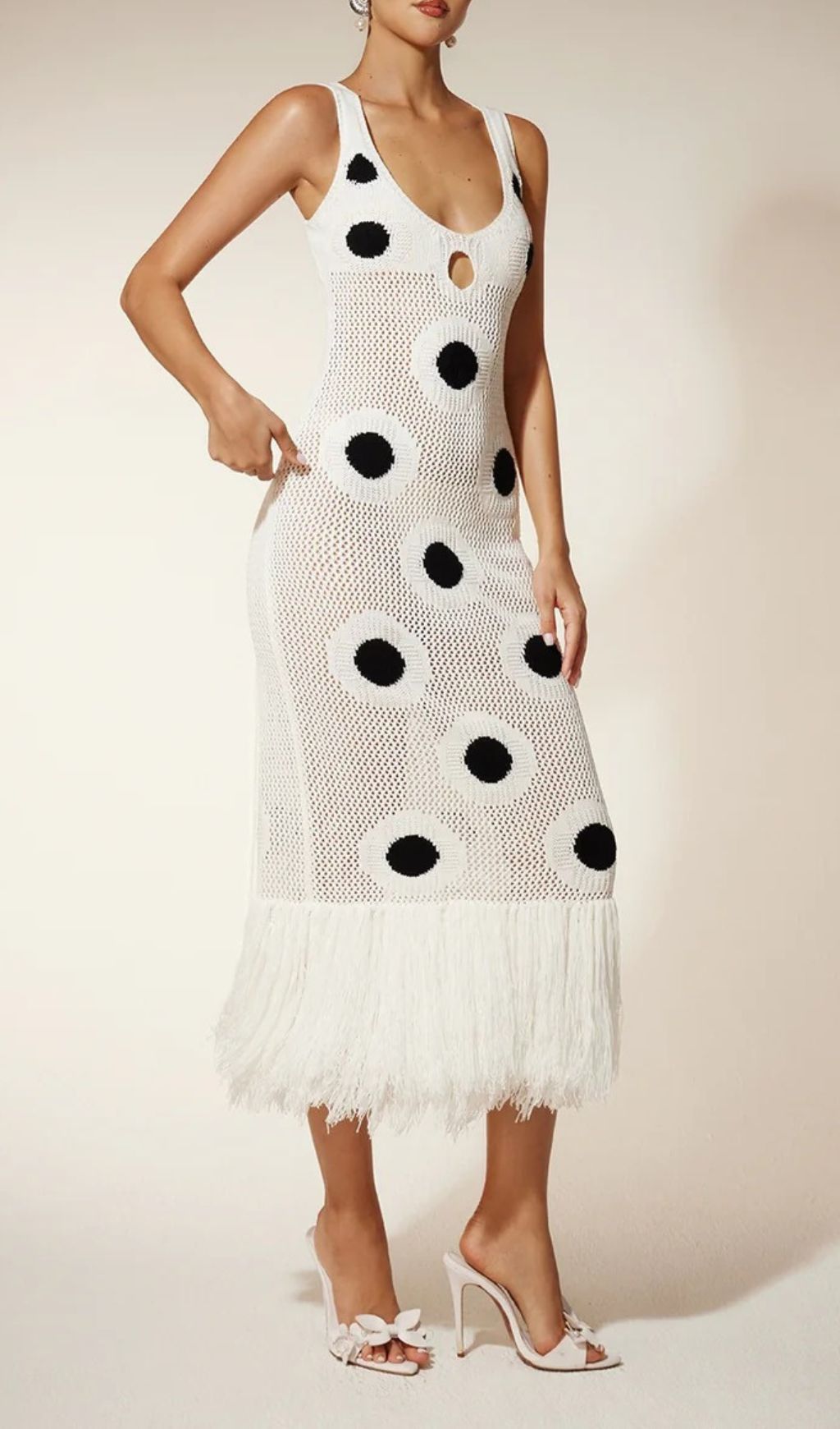 Gaelion Dot Fringe Knitted Midi Dress In White Flowering Girl
