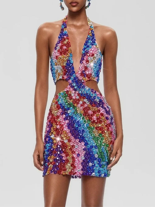 Arqelis Plunge Neck Crystal Cutout Mini Dress Flowering Girl