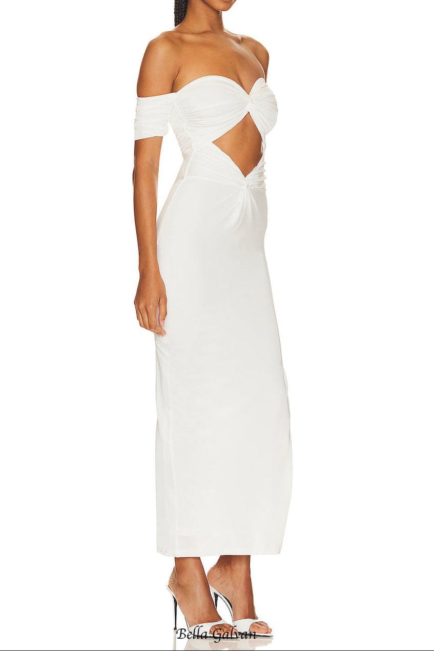 pleated off-shoulder cutout midi dress in white Flowering Girl