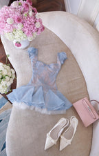 Lace Embroidery Puffy Mini Dress In Blue Flowering Girl
