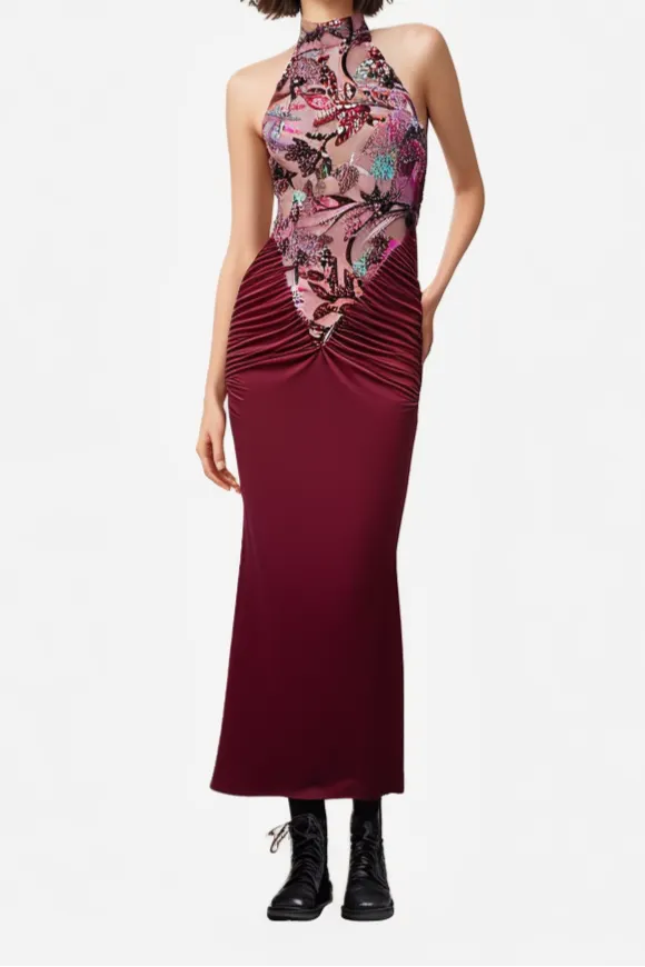 Tracy Sequin Embroidery Halter Maxi Dress In Red Flowering Girl