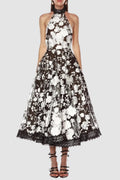 Alyssa Black Halter Floral Embroidered Midi Dress Flowering Girl