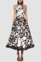 Alyssa Black Halter Floral Embroidered Midi Dress Flowering Girl