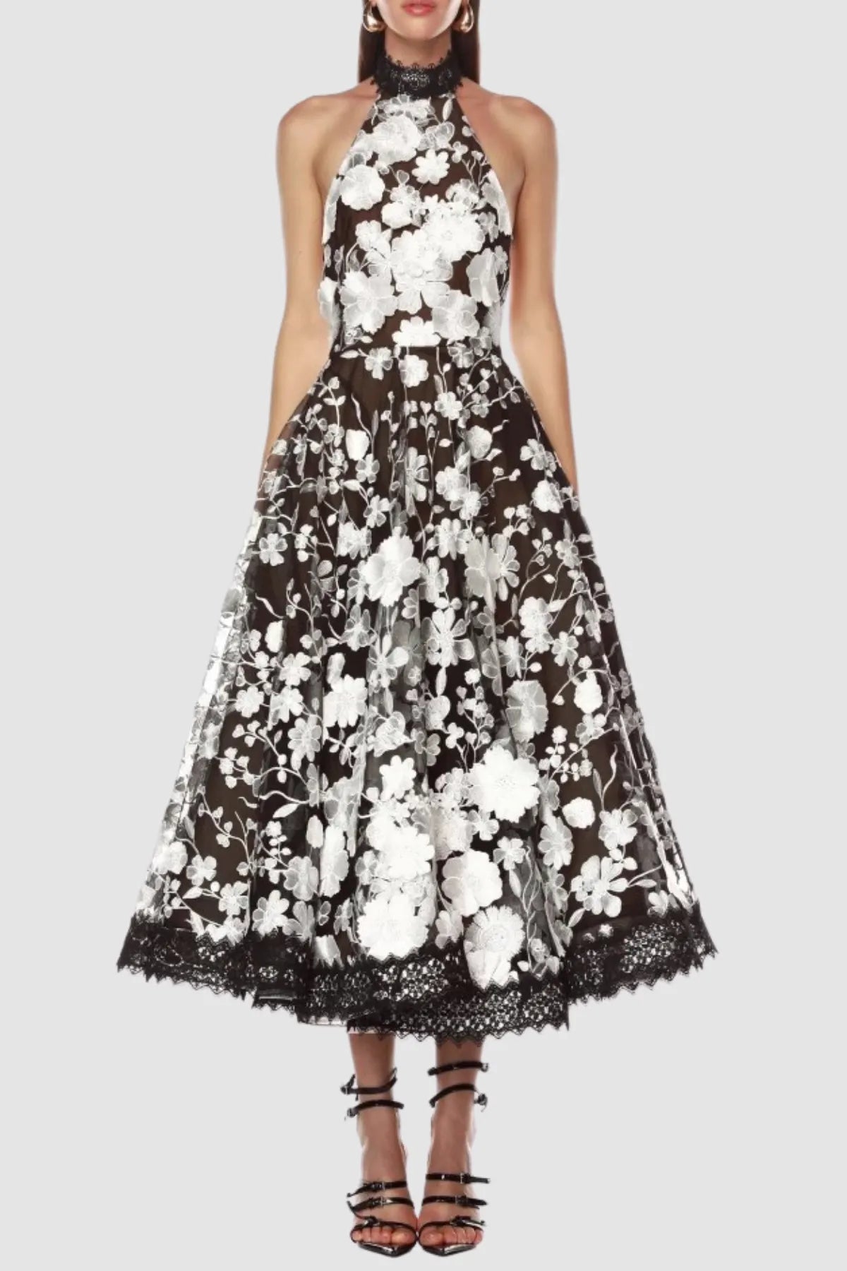 Alyssa Black Halter Floral Embroidered Midi Dress Flowering Girl