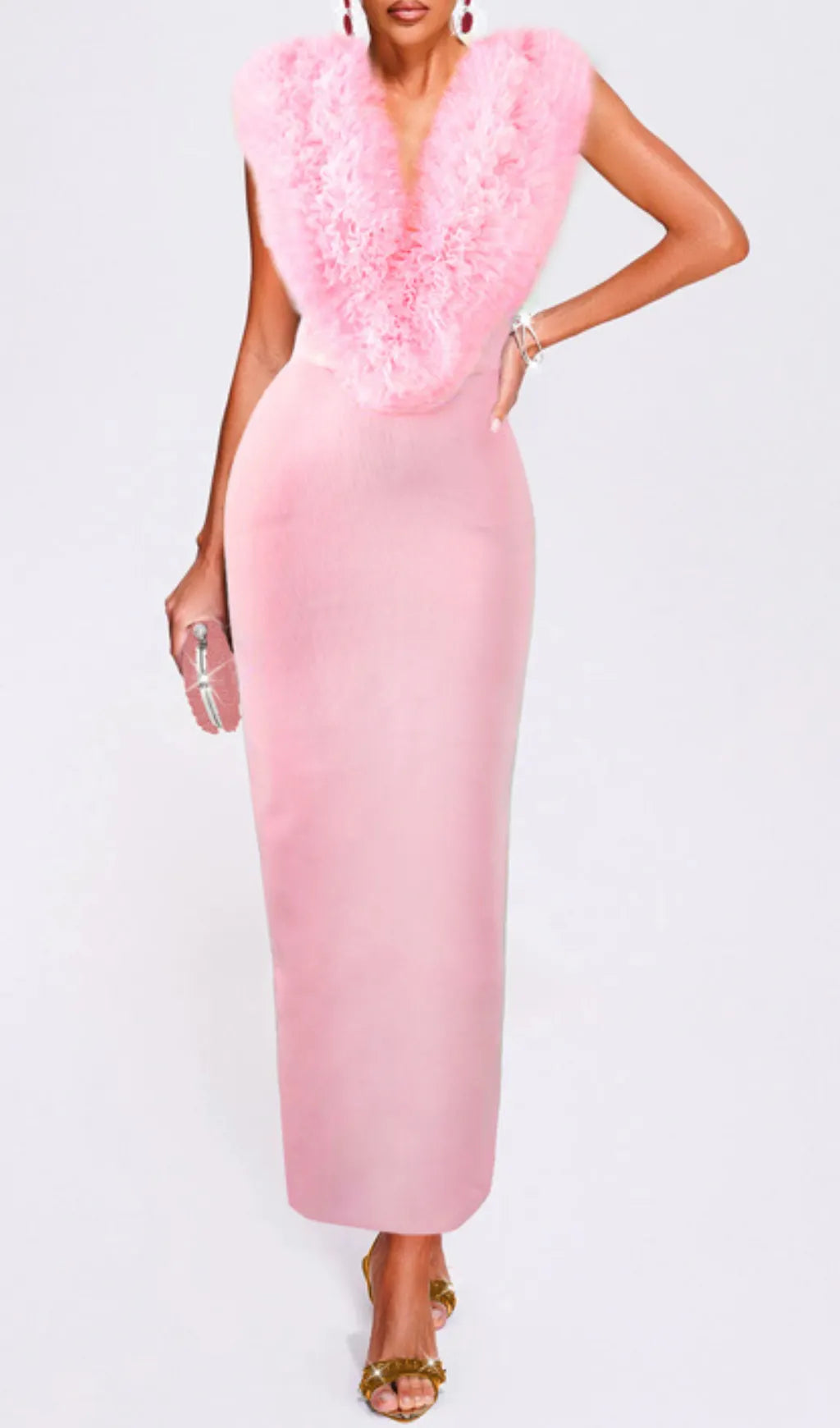 Alora Pink Faux Fur Maxi Dress Flowering Girl