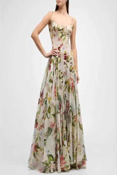 Multicolor Floral Print Fauna Gazar Gown Flowering Girl