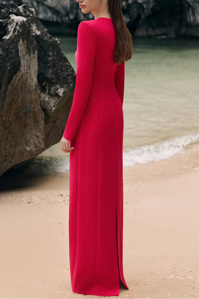 Hilary Red Padded Shoulder Crystal Embellished Straight Maxi Dress Flowering Girl