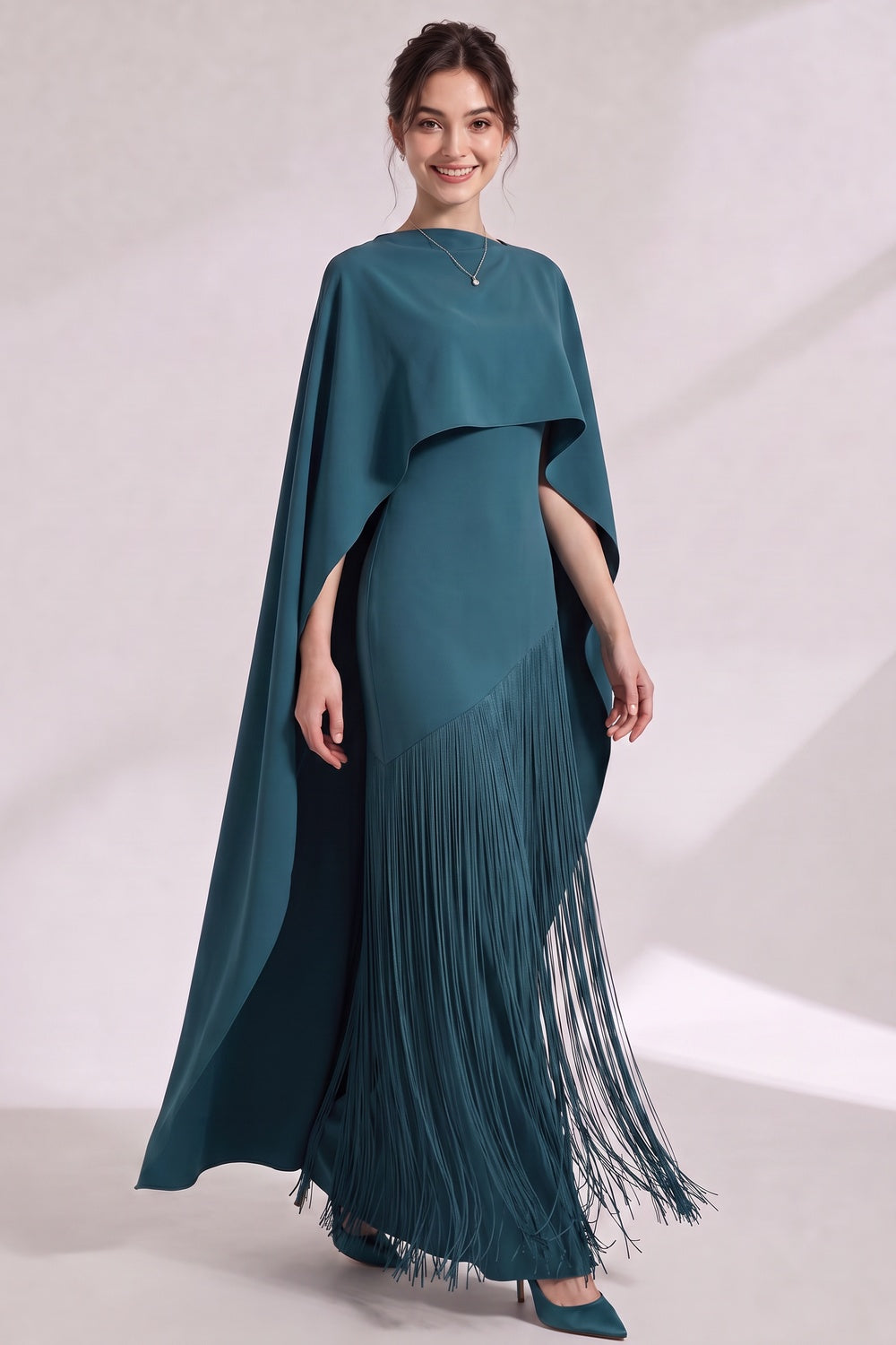 Teal Matte Crepe Column Evening Gown with Asymmetrical Cape Overlay Flowering Girl