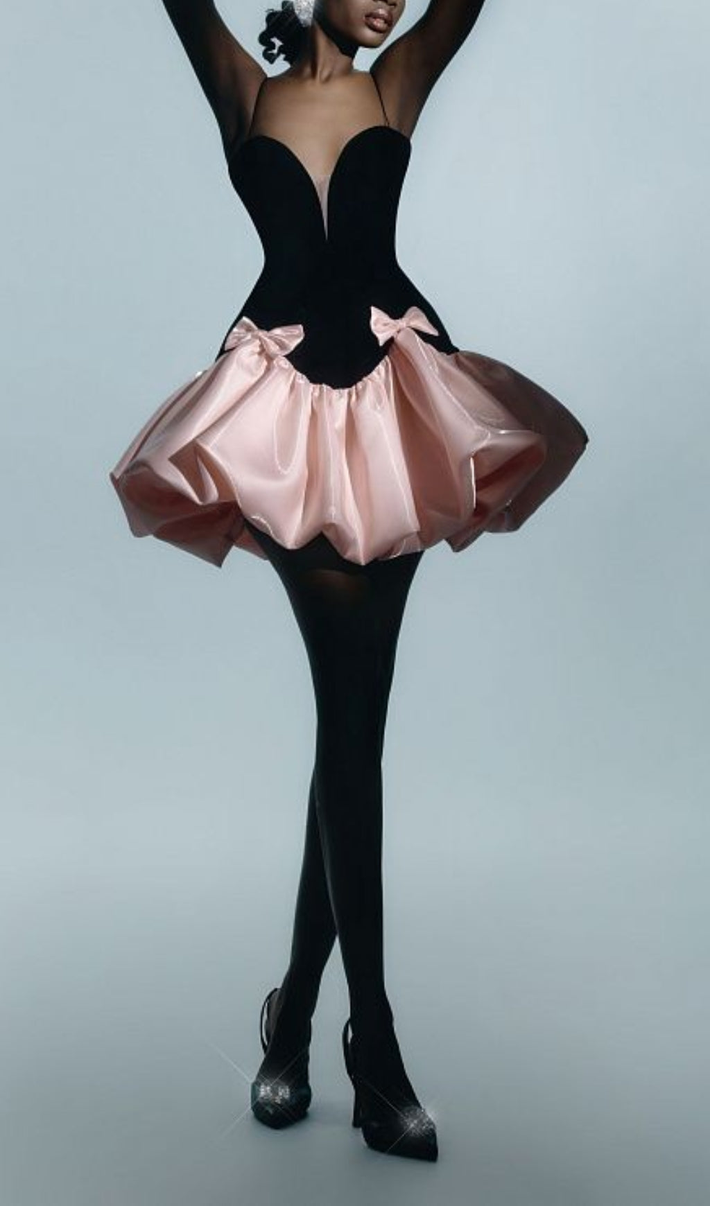 Bow Detail A Line Dress Black Pink Flowering Girl