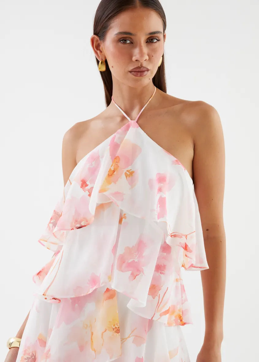 Floral Print Layerhalter Maxi Dress - Pink Floral Flowering Girl