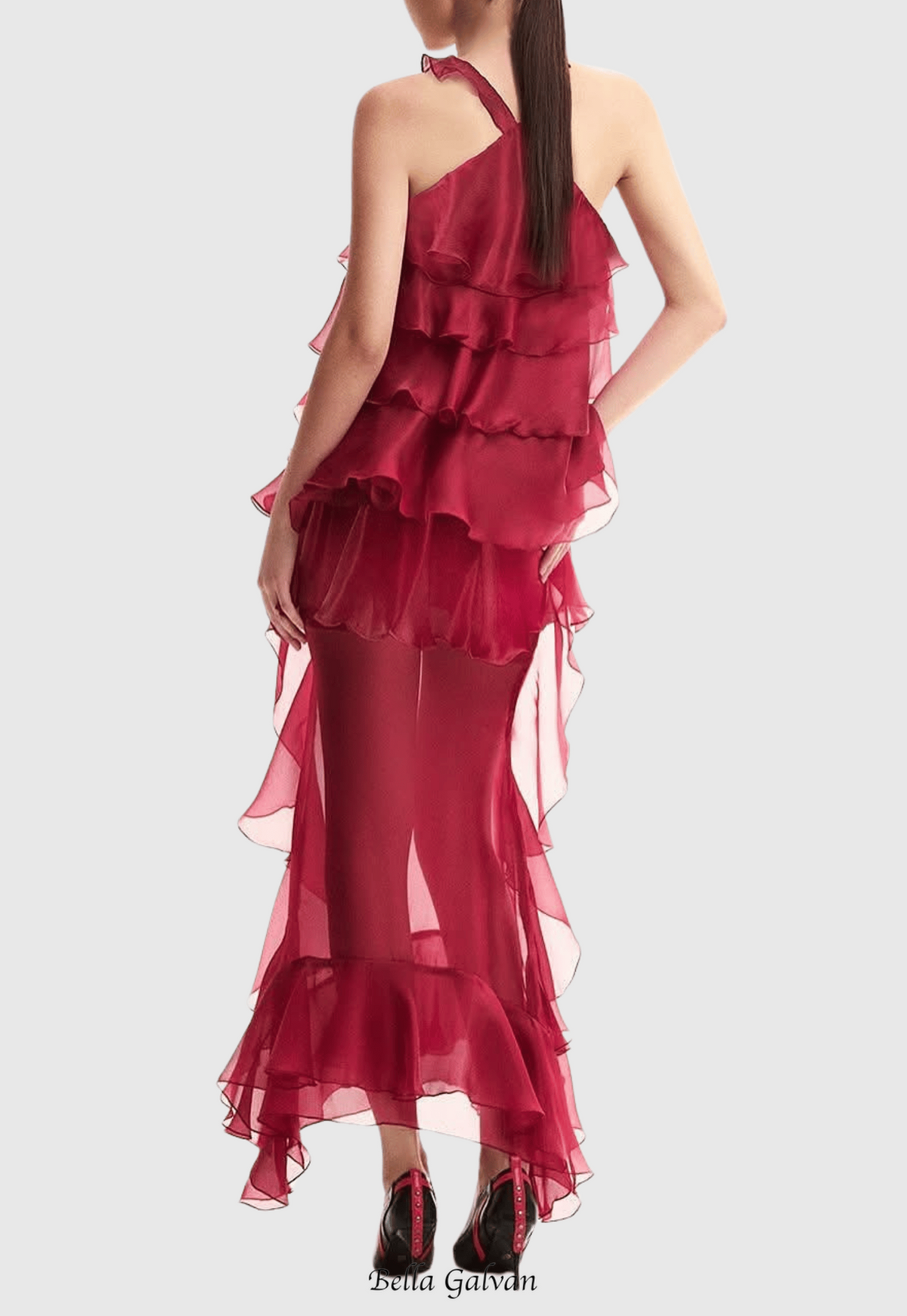 eunice Floral Halter Chiffon Ruffle Midi Dress in red Flowering Girl