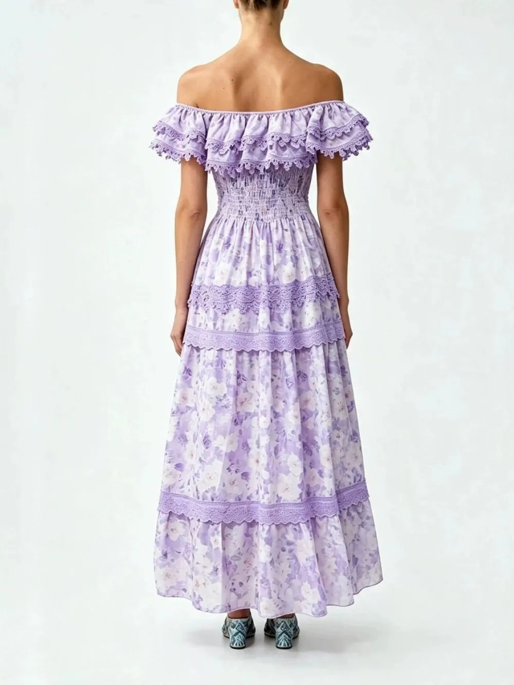 Maribel Purple Floral Off-Shoulder Maxi Dress Flowering Girl