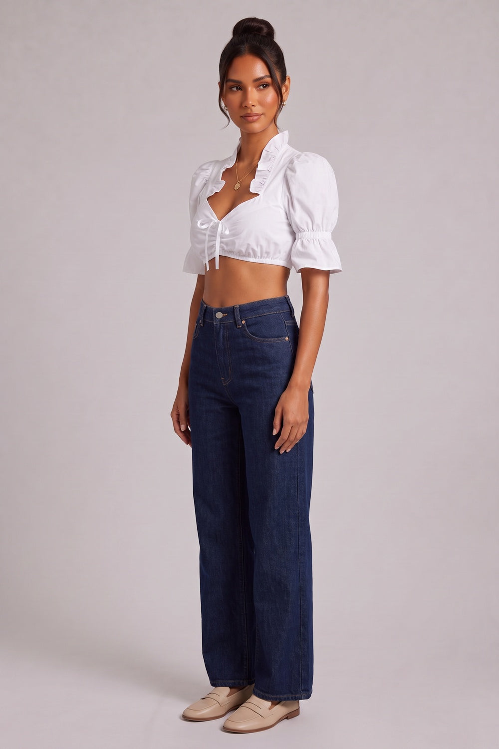 White Cotton Woven Cropped Puff-Sleeve Dirndl Crop Blouse Flowering Girl