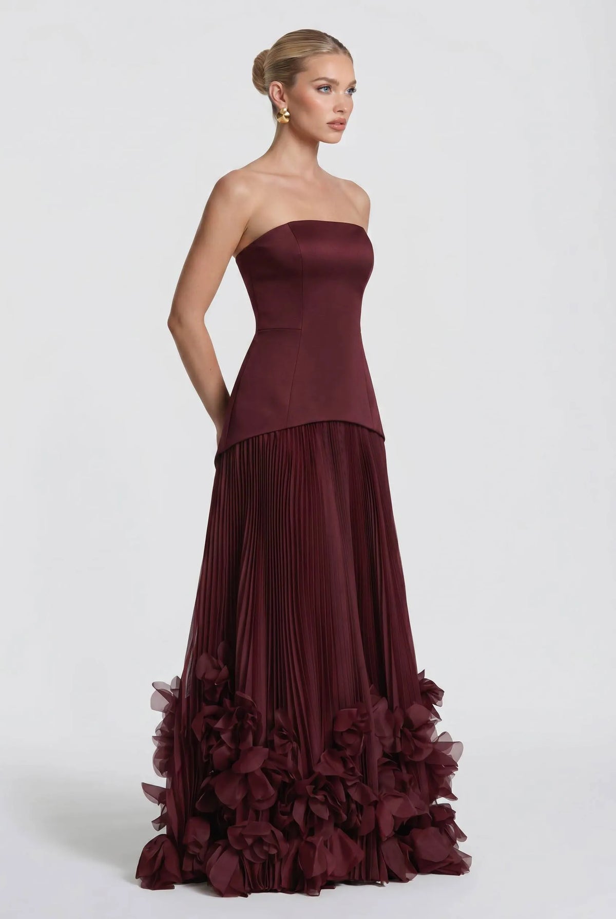 Strapless Burgundy Pleated Maxi Gown With 3D Floral Ruffle Hem Flowering Girl