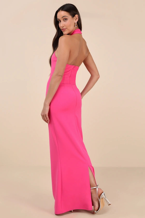 Mesmerizing Perfection Pink Halter Neck Backless Maxi Dress Flowering Girl