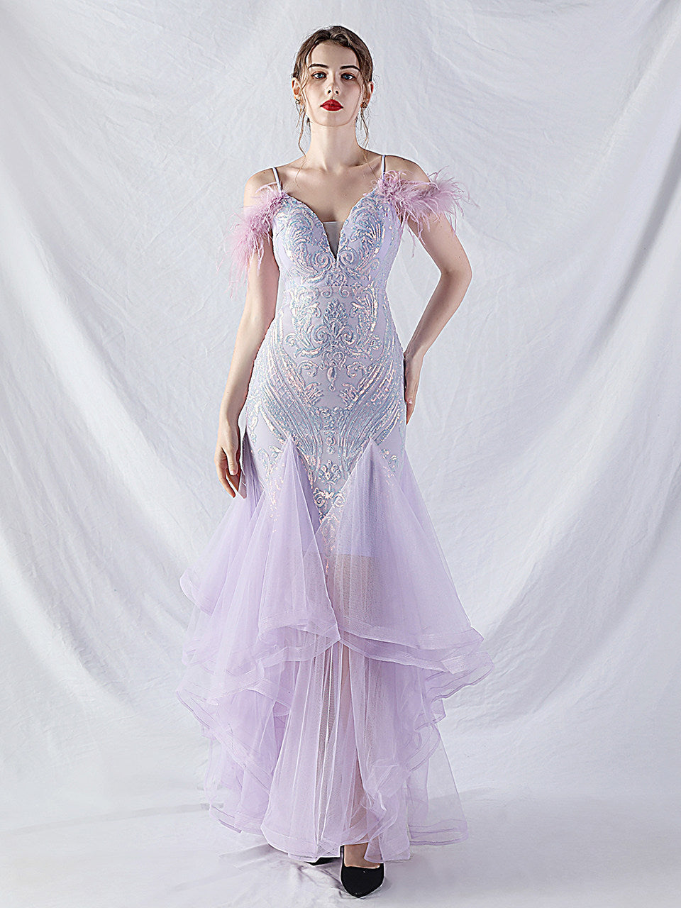 Feather Sequin Strapless Tulle Maxi Dress Flowering Girl