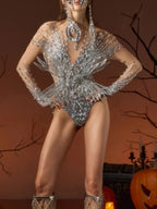 Ghada Long Sleeve Rhinestone Mesh Bodysuit Flowering Girl