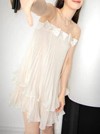 Mallika White Spaghetti Bow Pleated Mini Dress Flowering Girl