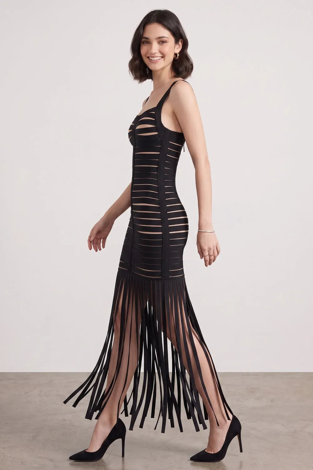 Black Bandage Knit Fringe Maxi Dress Flowering Girl