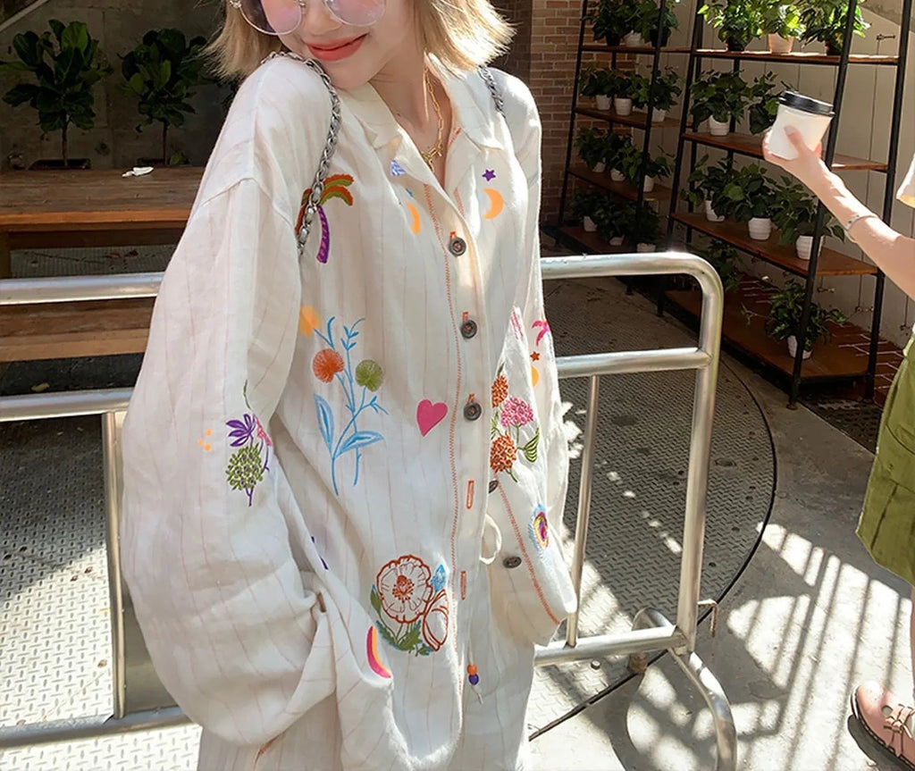 White Embroidery Cotton Linen Long Sleeve Shirt Flowering Girl