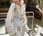 White Embroidery Cotton Linen Long Sleeve Shirt Flowering Girl