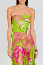 Shmaka Floral Print Strapless Slit Maxi Dress - Green Flowering Girl
