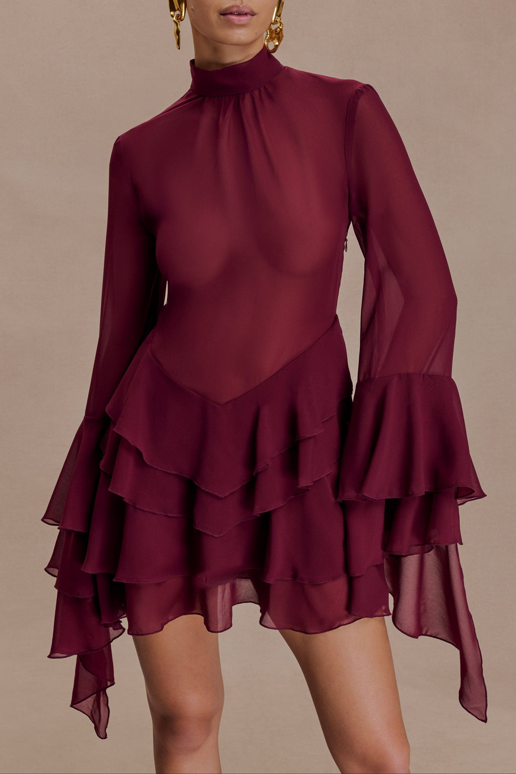 Chiffon Ruffle Mini Dress - Wine Flowering Girl