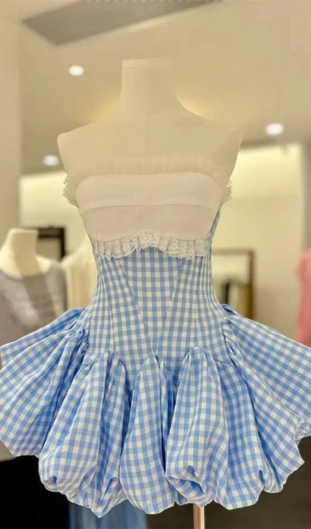 Stephanie Plaid Strapless Puffy Mini Dress - Blue Flowering Girl