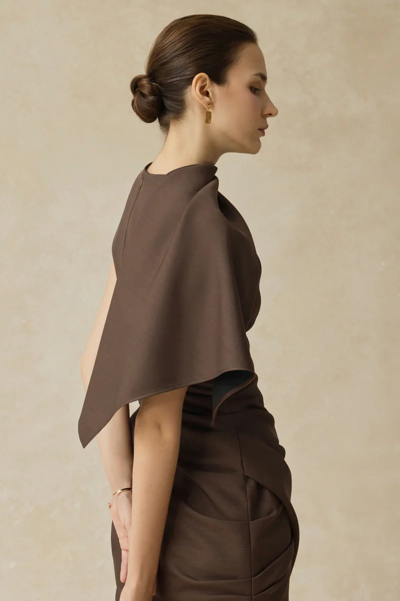 Agatha Asymmetric Sleeve Draped Mini Dress In Brown Flowering Girl