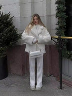 White Rabbit Fur Coat With Suit Collar Flowering Girl