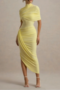 Asymmetric Cape Ruched Midi Dress - Yellow Flowering Girl