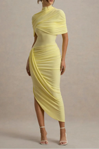 Asymmetric Cape Ruched Midi Dress - Yellow Flowering Girl