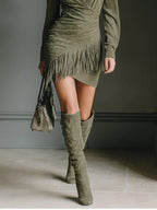 Olive Green Faux Suede V-Neck Wrap Mini Dress Flowering Girl