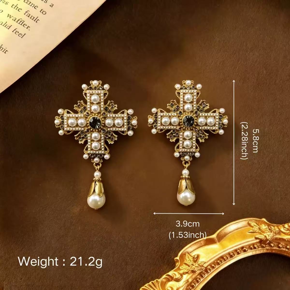Vintage Antique Gold Rhinestone Statement Baroque Cross Pearl Drop Earrings Flowering Girl
