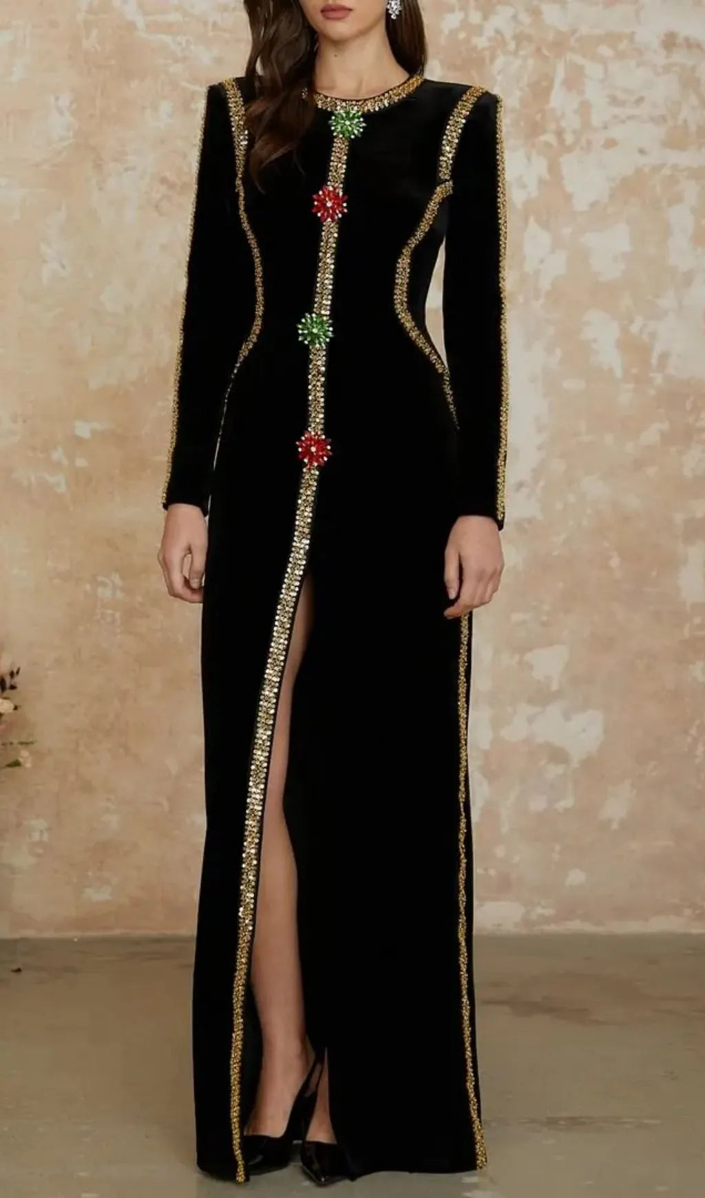 Lydia Black Crystal Embellished Front Slit Maxi Dress Flowering Girl