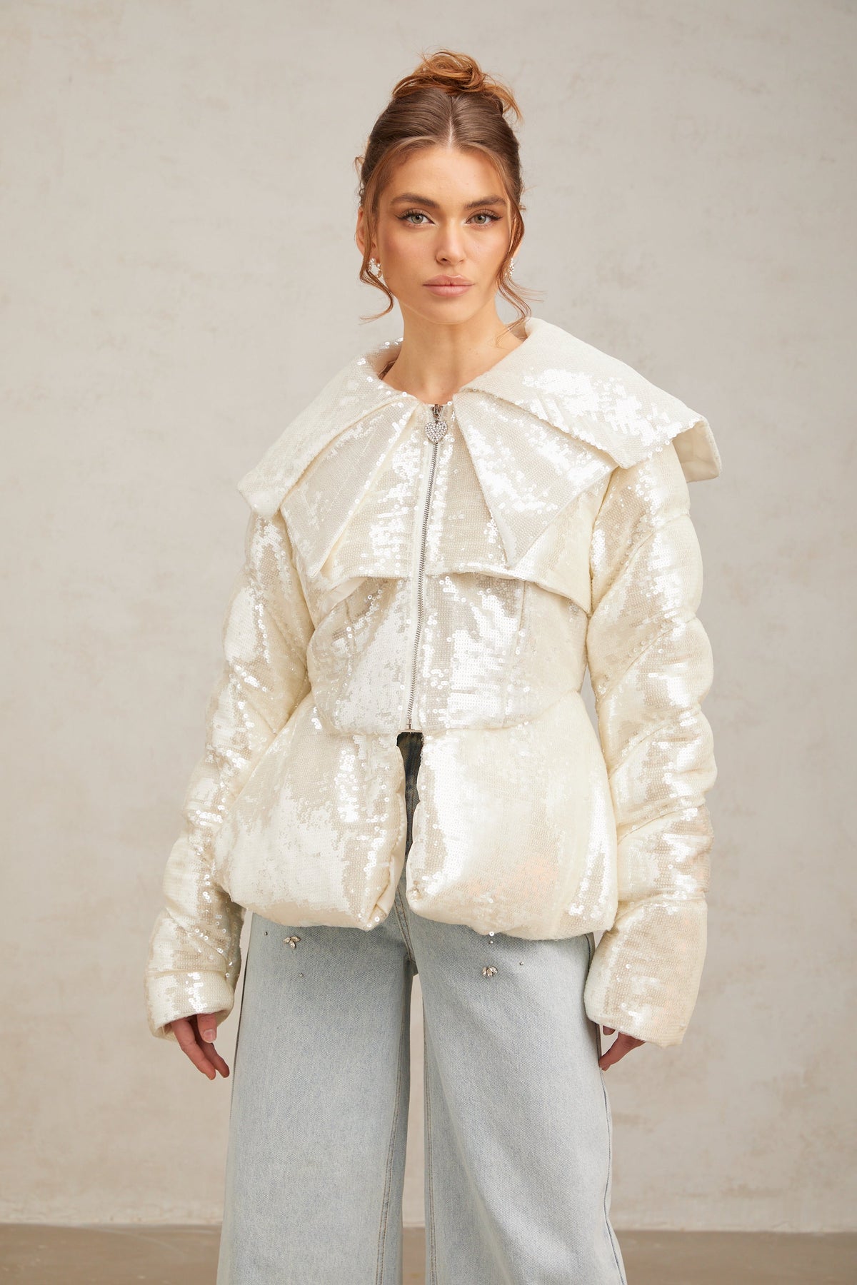 Joslyn White Sequined Down Coat Flowering Girl