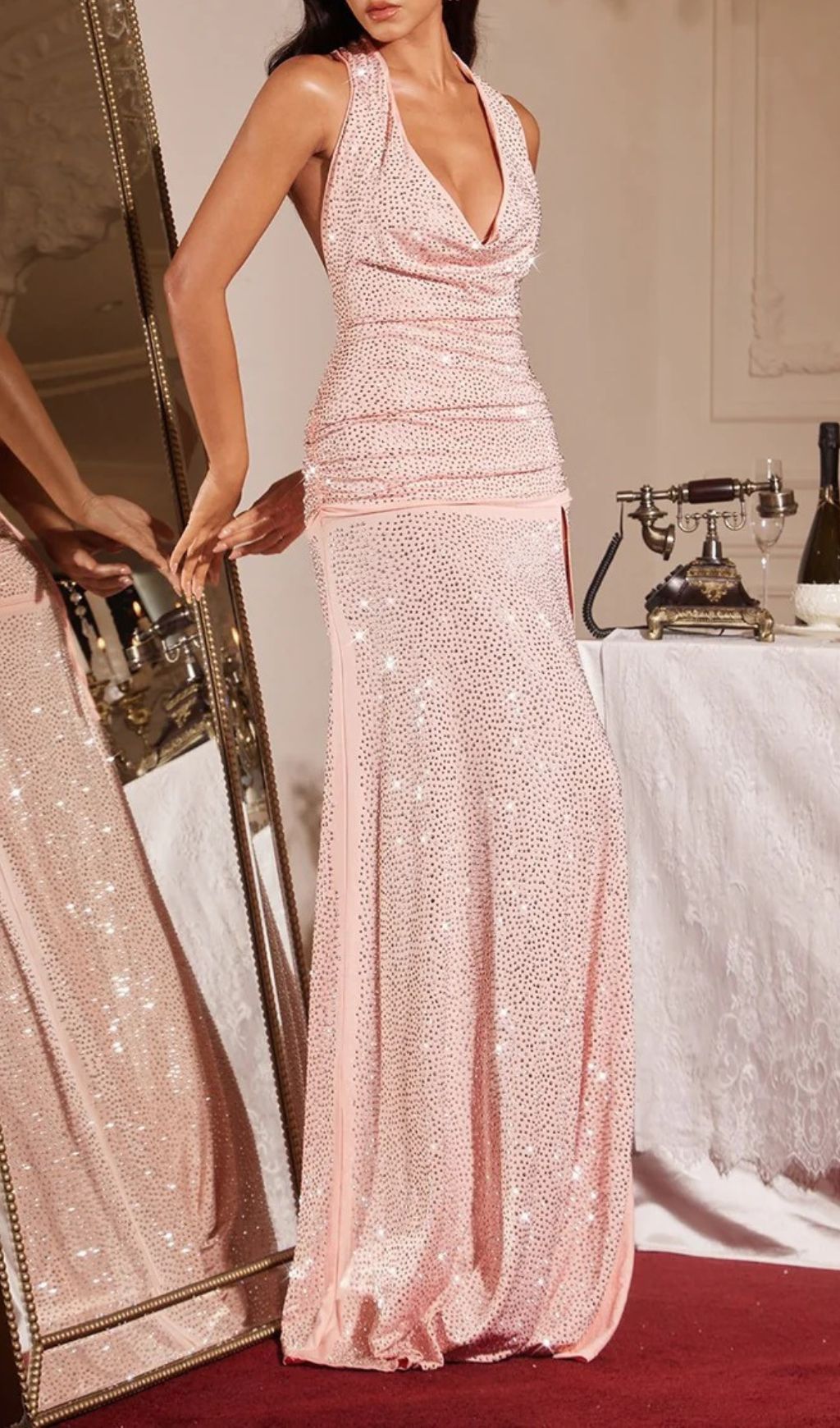 Fima Plunge Neck Rhinestone Maxi Dress Flowering Girl
