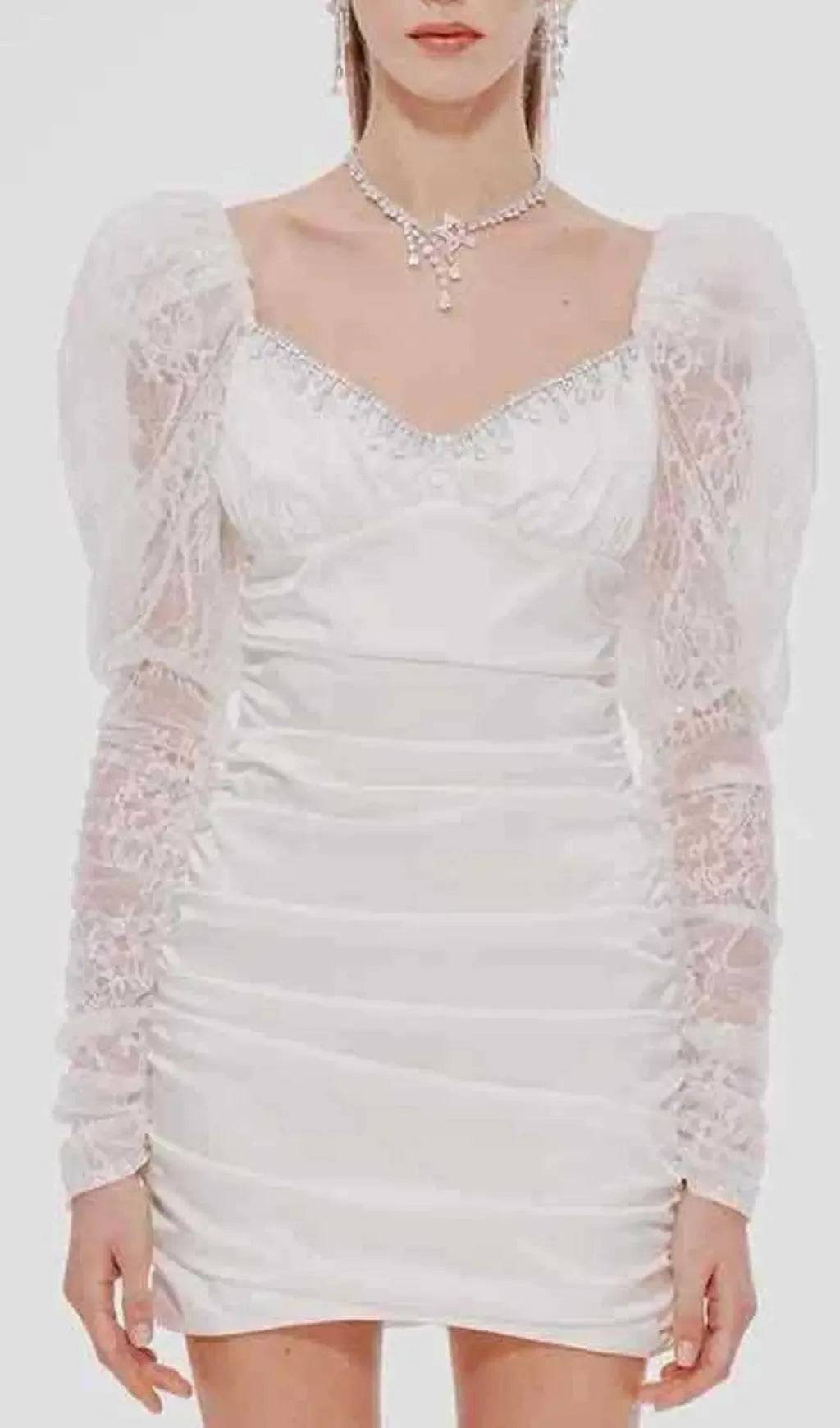 Pleated Dress With Lace Puffed Sleeves In White Flowering Girl