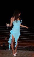 Ruffle Rosette Mesh Midi Dress In Blue Flowering Girl