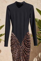 Black Matte Stretch Knit Maxi Dress with Leopard Print Draped Skirt Flowering Girl