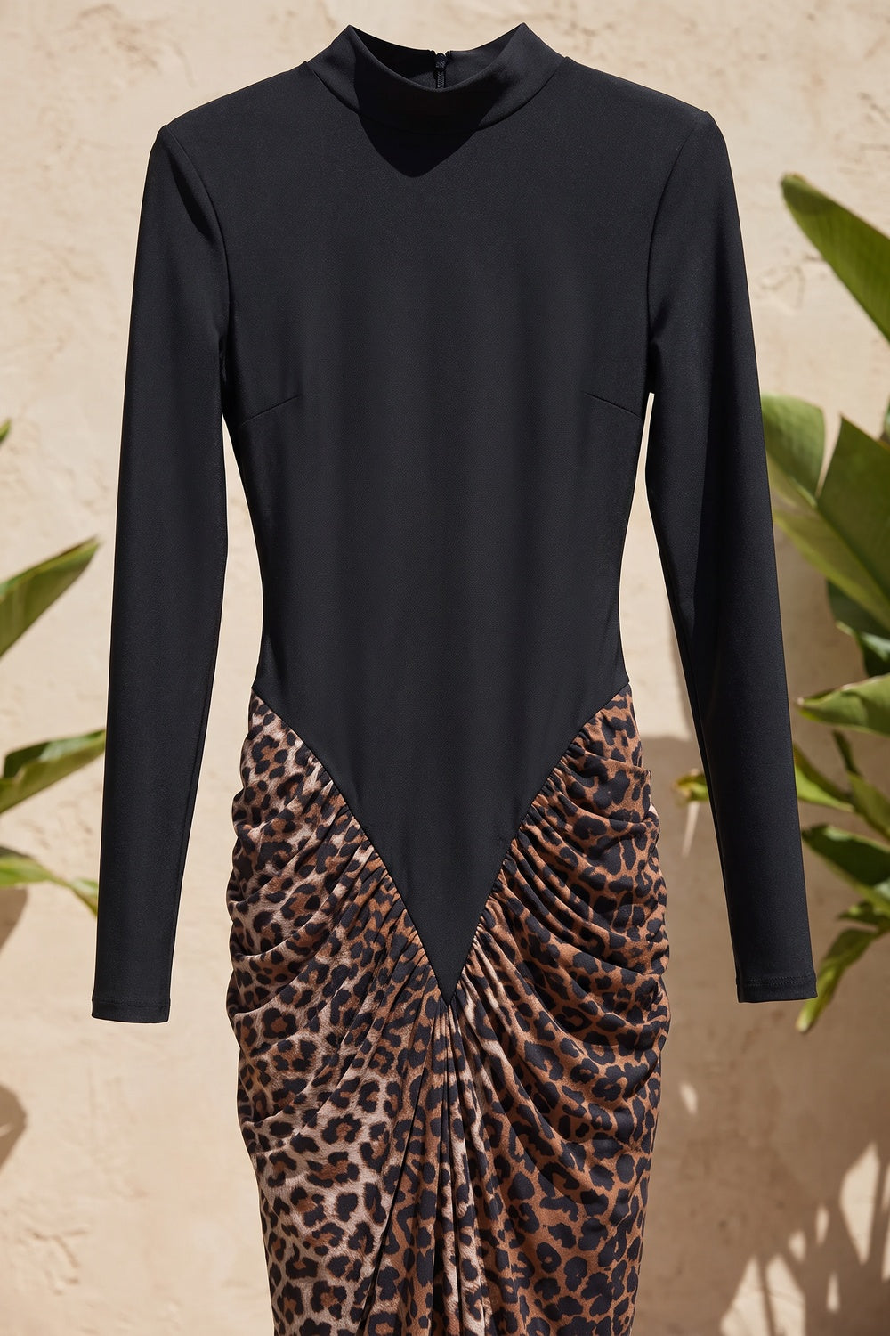 Black Matte Stretch Knit Maxi Dress with Leopard Print Draped Skirt Flowering Girl