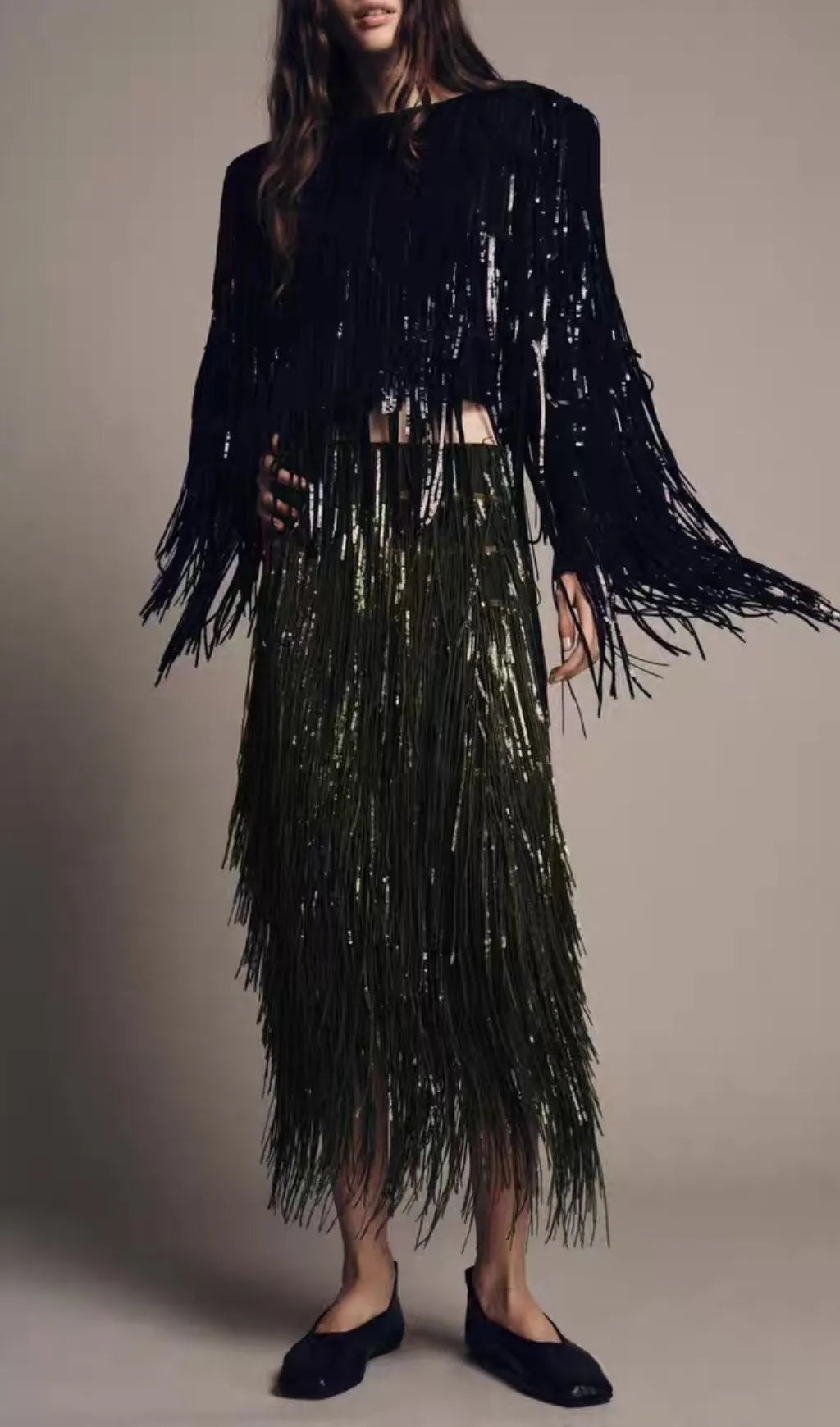 Kalama Green Beaded Tassel Midi Skirt Flowering Girl