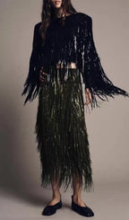 Kalama Green Beaded Tassel Midi Skirt Flowering Girl
