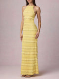 Mercedes Yellow Halter Ruffle Backless Maxi Dress Flowering Girl