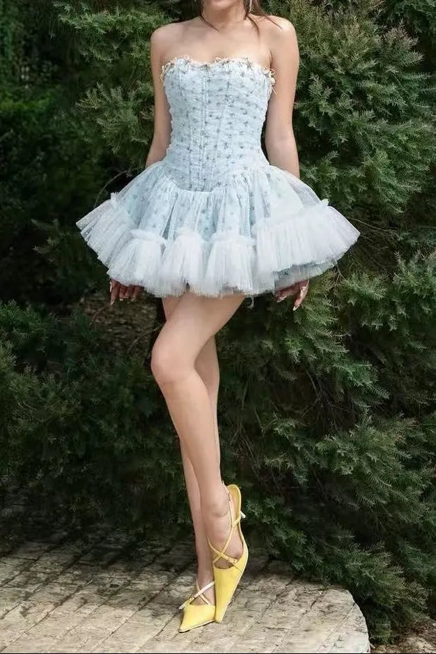 Irene Floral Print Strapless Tulle Mini Dress In Blue Flowering Girl