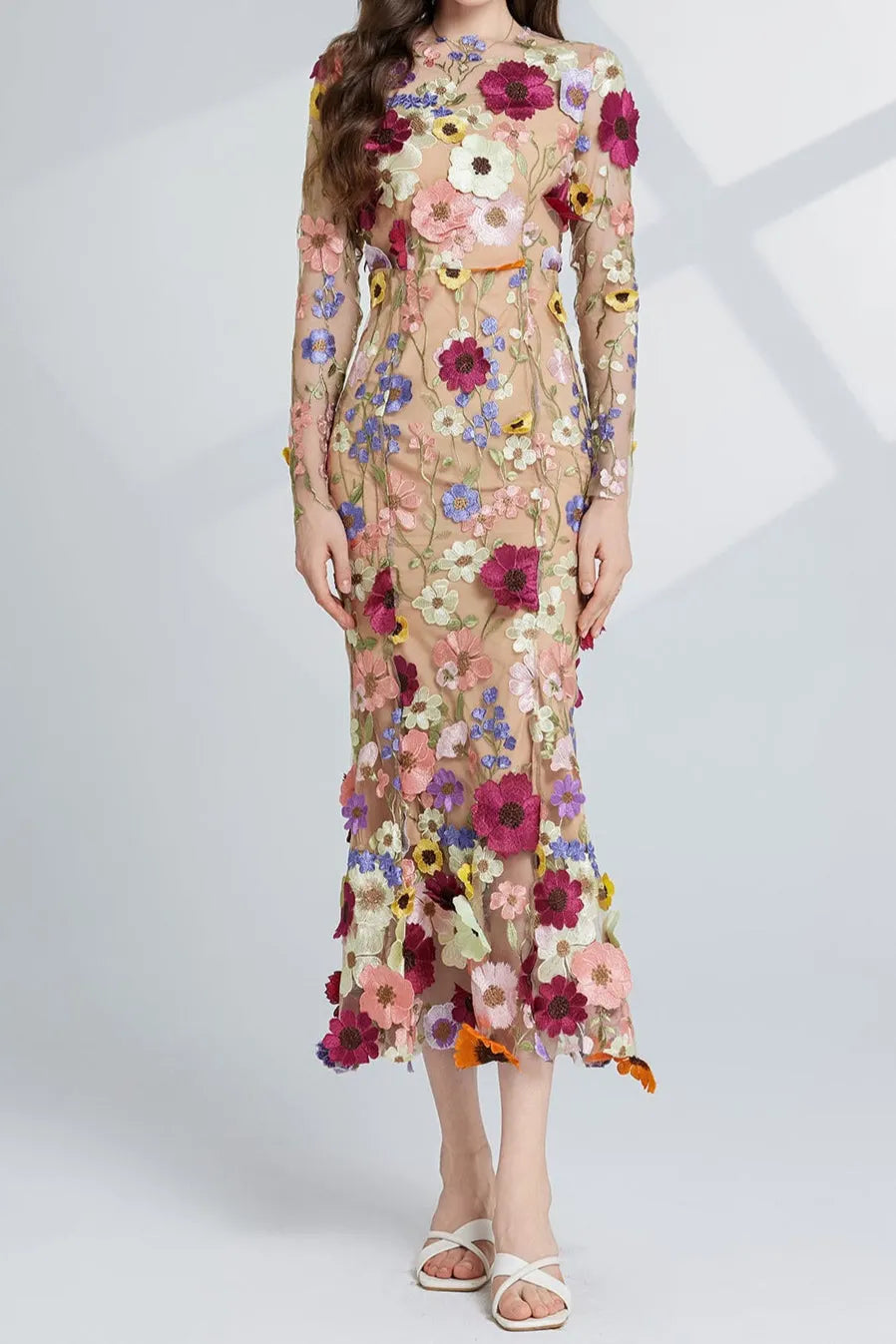 CAROL brown FLORAL EMBROIDERY MESH LONG SLEEVE MIDI DRESS Flowering Girl